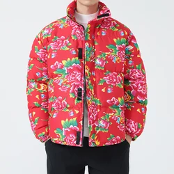 2023 Winter Flower Printed Jackets Cotton-Padded Men Women Thickened Coats Chinese Style Fashion Couple Warm Jacket Male Coat