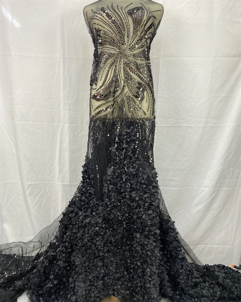 

New Original Popular Lastest Handmade Bead Net Lace With Sequins French Top Quality Mesh Fabric Party Or Evening Dress for women