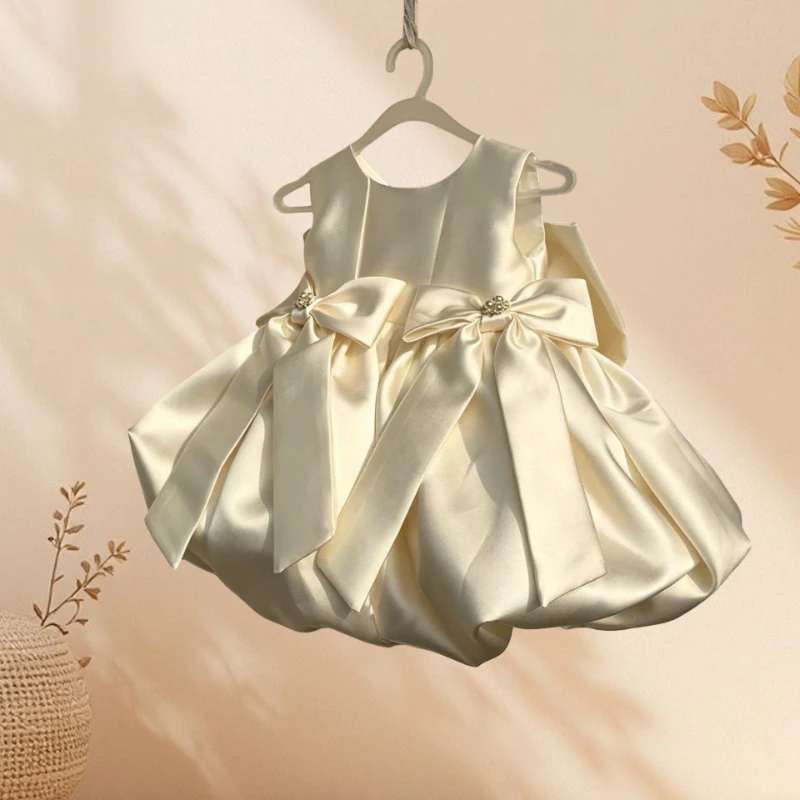 2026 New Children Girls Formal Sleeveless First Birthday Party Banquet Gown 3D Bud Princess Tutu Dress Elegant Fashion Costume