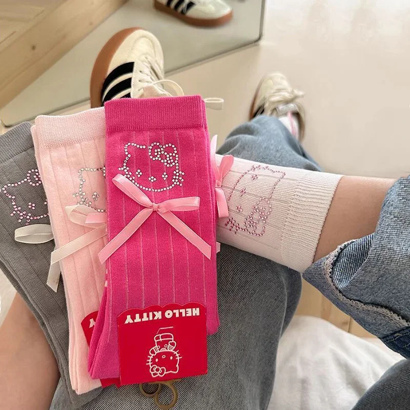 4 Pairs Hello Kitty Y2K Socks Cute Sweetheart Bow Medium Socks Summer Thin Mid Cap Dopamine Stacked Socks Accessories Woman Gift