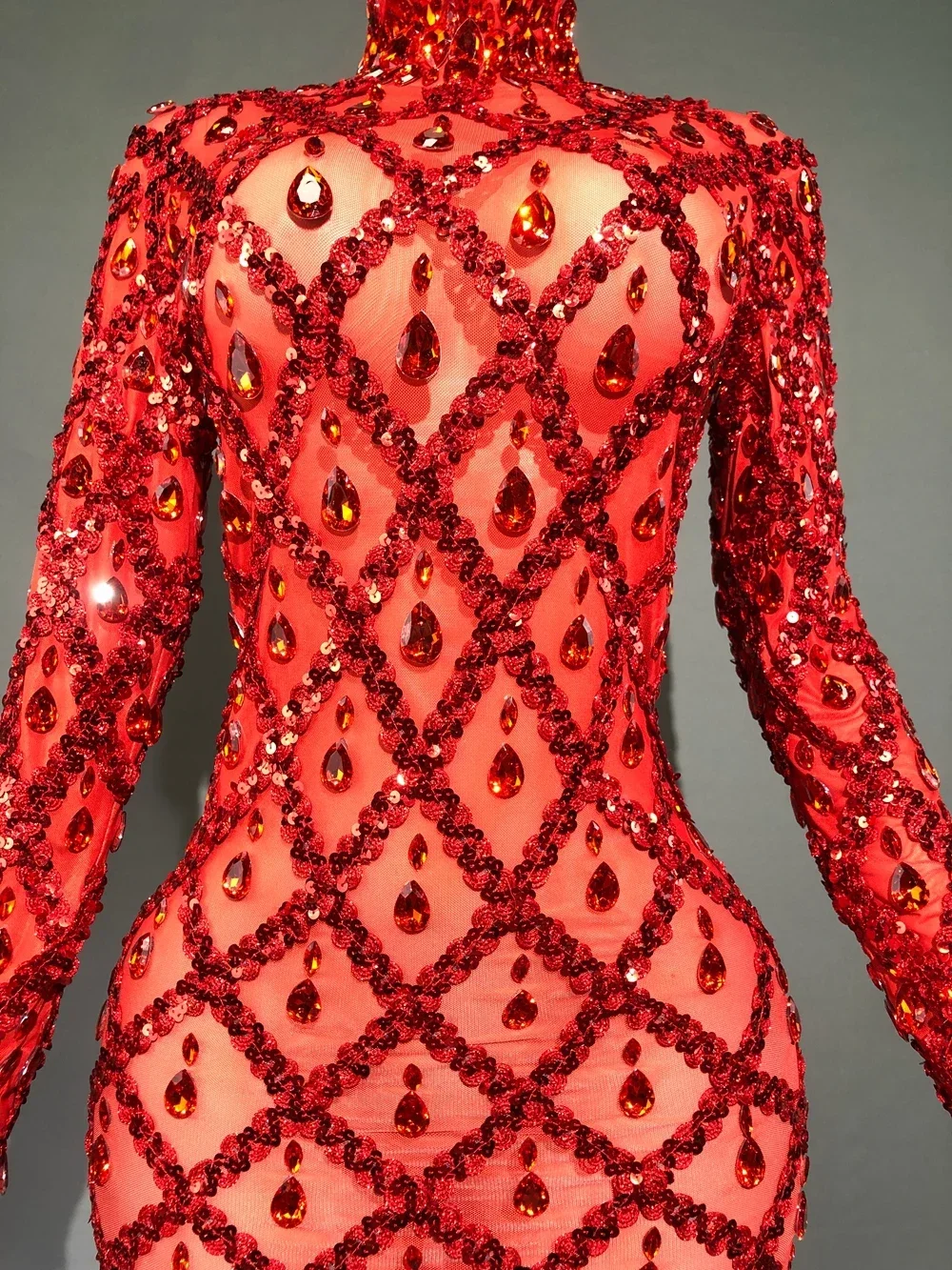 Sparkly Red Crystals Mesh Celebrate Evening Wedding Prom Birthday Dress Sexy Photography Long Dress Performance Costume