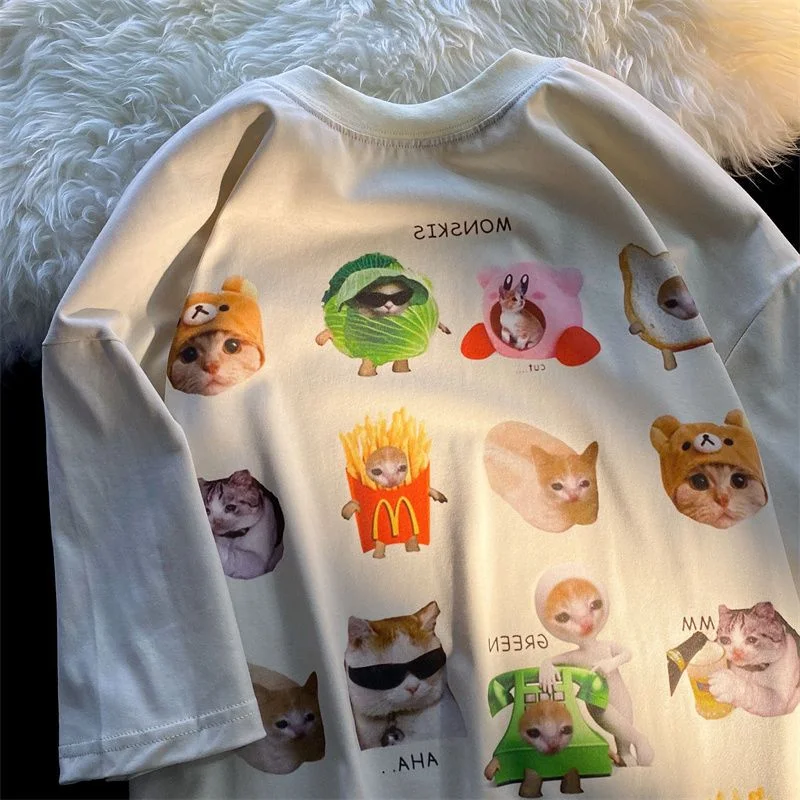 Korean Brand Cute Cats Sticker Printed T Shirts Short Sleeve Pure Cotton Y2K Top Teenage Cartoon Graphic Tee Summer Loose Casual