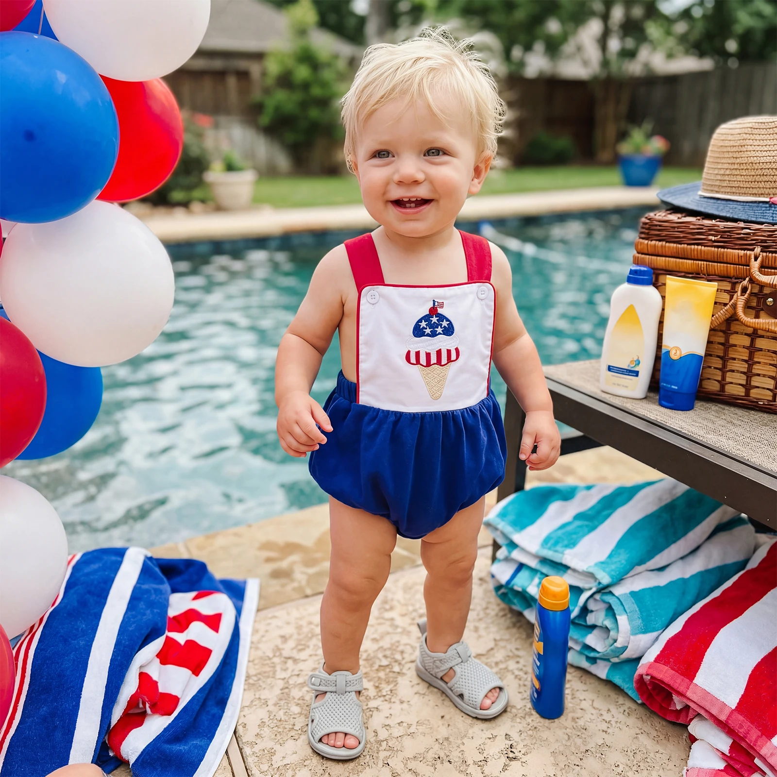 

Baby Boy Overalls, Sleeveless Embroidery Dog/Ice Cream Romper Bodysuit Summer Clothes for 4th of July