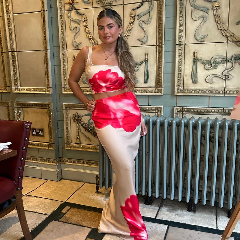 2024 Summer New Fashionable Flower Printed Sleeveless Strap with Exposed Umbilical Long Dress Women's Set