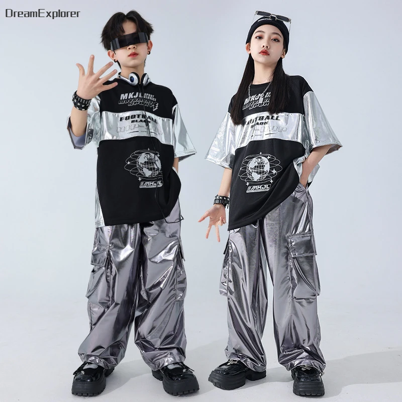 Boys Hip Hop Patchwork T-shirt Silver Street Dance Cargo Pants Girls Sequin Streetwear Kids Jazz Clothes Children Stage Costumes