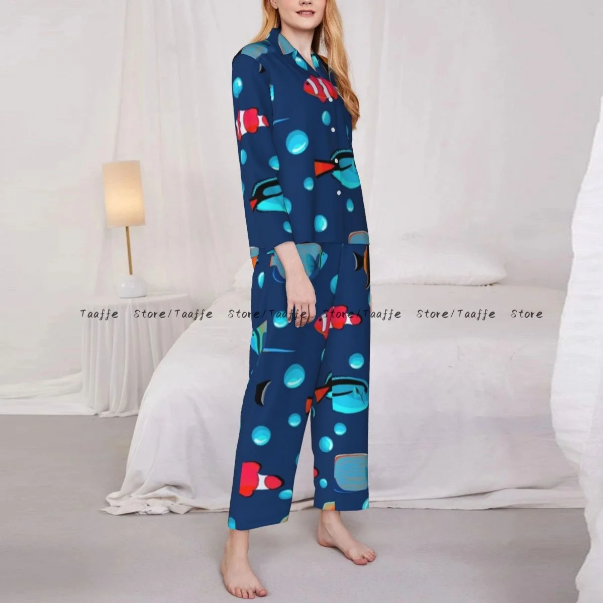 Fish Underwater With Bubbles Womens Pajamas Loungewear Two-piece Sleepwear Button-Down Full Sleeve Long Pajamas Set