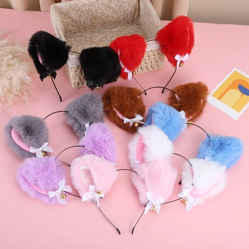 Cerceau à cheveux en forme d'oreille chat dessin animé, avec nœud petite cloche, bandeau fête Cosplay pour