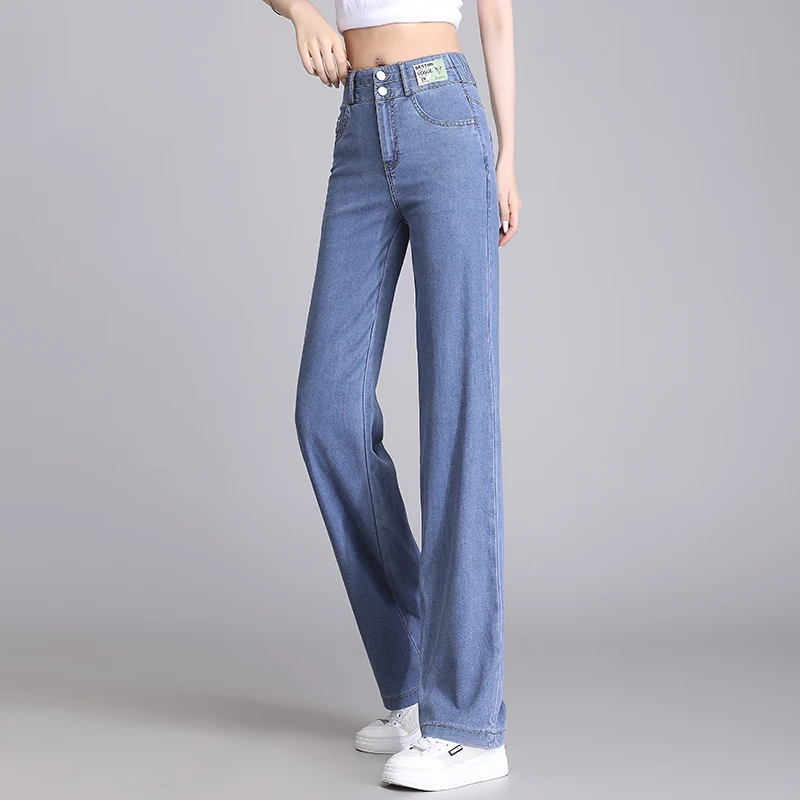 ZUZK Women Summer Cool Thin Jeans Fashion Loose Droop Elastic  Waist Denim Long Pants Casual Wide Leg Pants S-4XL