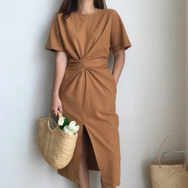 

2024 New Women's Short Sleeve Vintage Long Dress Female Summer Bandage Cotton Bodycon Vestidos Split Casual Dresses Cross Straps