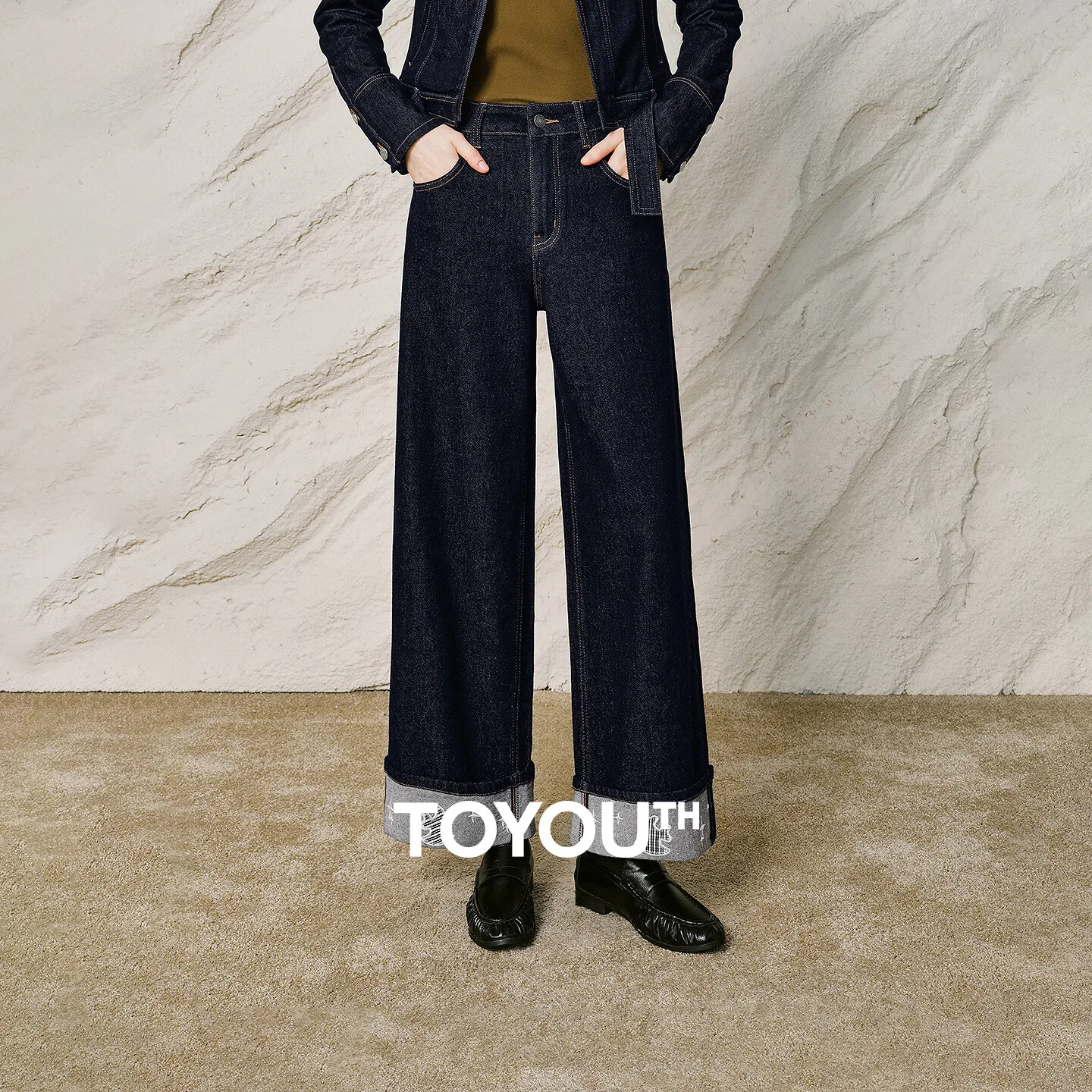 TOYOUTH Women Jeans 2026 Winter New Black Label Lycra Wide Leg Cuffed Hem Plaid Embroidery Pants