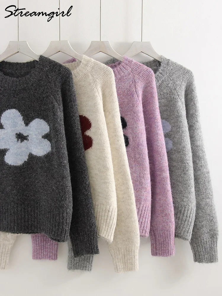 سترة Streamgirl الشتوية الرمادية مع زهرة المرأة بلوفرات متماسكة فضفاضة الأرجواني تريكو خمر سترة زهرة دافئة للنساء
