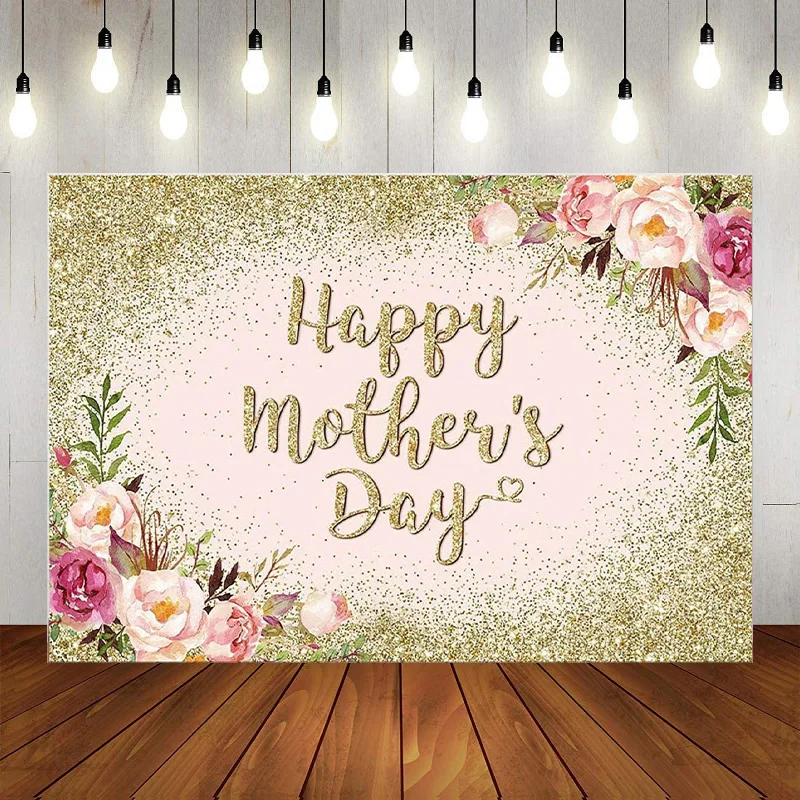 Happy Mother's Day Floral Backdrop Lace Rose Peony Photography Background Brown Wood Mom's Festival Celebration Banner Party