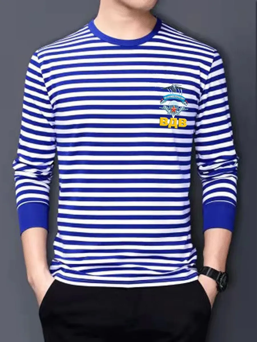 Russian Airborne Troops VDV Badge Printed Sailor's Striped Shirt Cotton Blended Long Sleeve Mens Stripes T-Shirt Telnyashka Tops