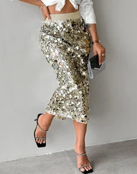 Sexy Elegant Allover Sequin Fashionable Midi-Calf Skirt New Fashion 2025 Summer Autumn Casual Bottom