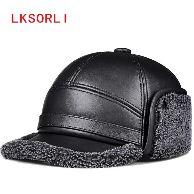 

Winter outdoor Men's Leather The Bomber Hat Thicken Plush Leather Cowhide Baseball Caps keep warm With Ears Warm Dad's Hats