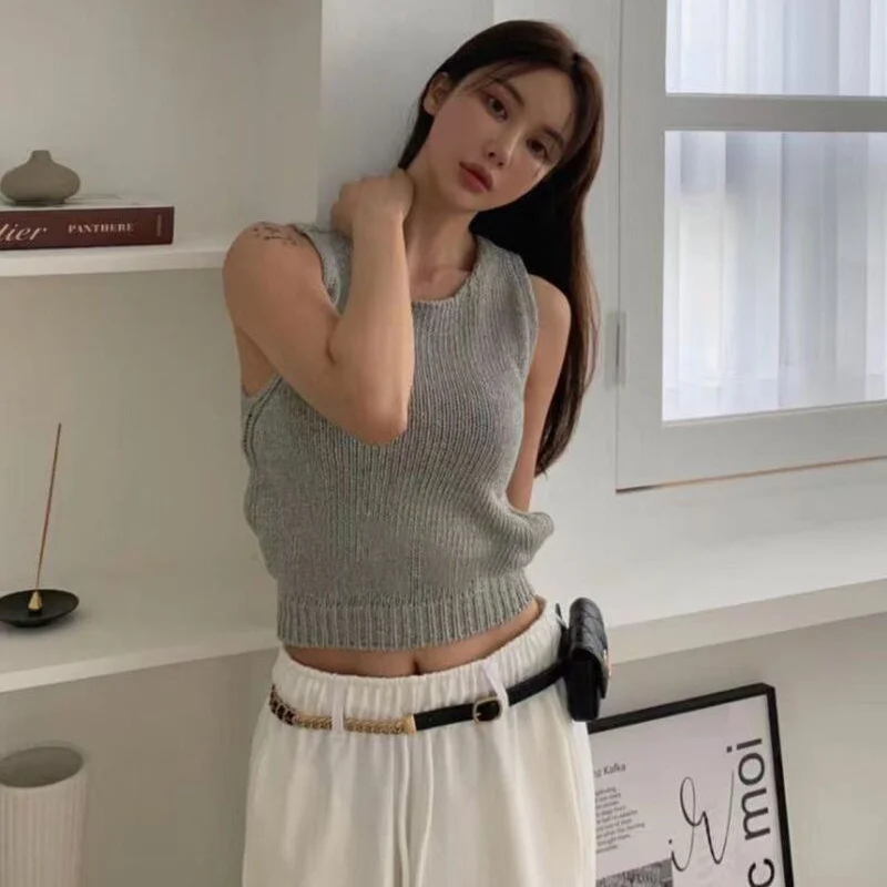 Sweater Vests Women Backless Sexy Summer Club Style Korean Femme Solid Stretchy All-match Casual Slim Simple Crops Knitting Cozy