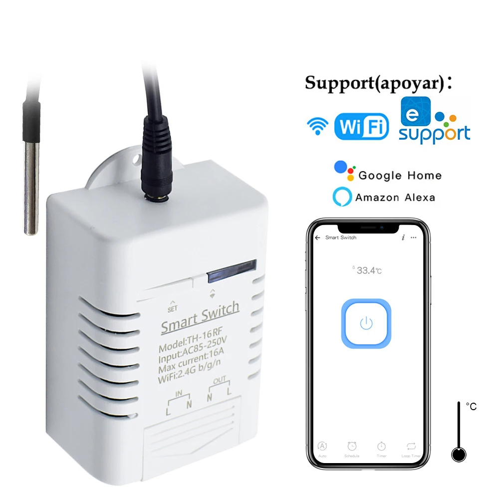 eWelinkAPP TH-16 Smart Wifi Switch 16A/3000W Monitoring Temperature Sensor RF433 remote Control Compatible with Alexa Siri