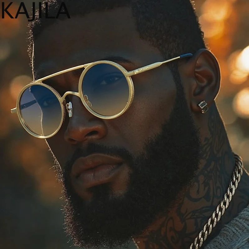 النظارات الشمسية الصغيرة المستديرة Steampunk الرجال 2025 العلامة التجارية الفاخرة خمر إطار معدني فاسق نظارات شمسية للذكور مزدوجة شعاع ظلال UV400