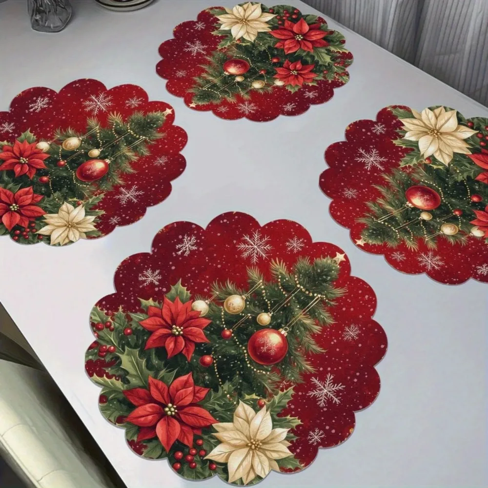 4PCS Christmas Placemats Non Slip Heat Resistant Circular Waves Design Winter Christmas Dining Wedding Party Table Decoration
