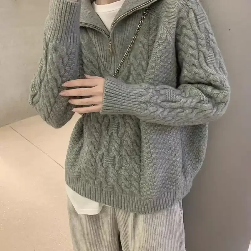 الخريف والشتاء كسول الياقة المدورة تويست متماسكة البلوز المرأة سستة بلون المألوف عارضة أعلى #4