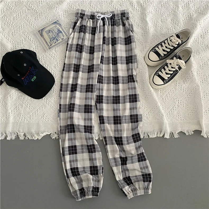 

Harajuku Pants for Women 2026 Spring Drawstring Black Plaid Pocket High-Waisted Slimming Pants Harajuku High Street Trousers
