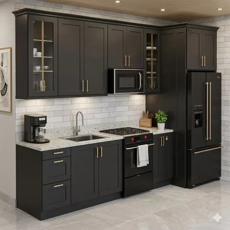 Modern simple matte black kitchen U-shaped kitchen cabinets white countertop custom design decoration whole house
