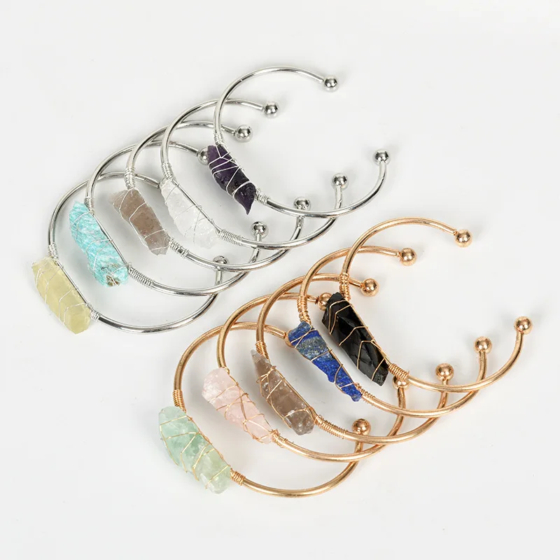 Irregular Natural Stone Cuff Bracelet Women Gold Color Wire Wrap Irregular Raw Crystal Quartz Bangles Fashion Stone Jewelry Gift
