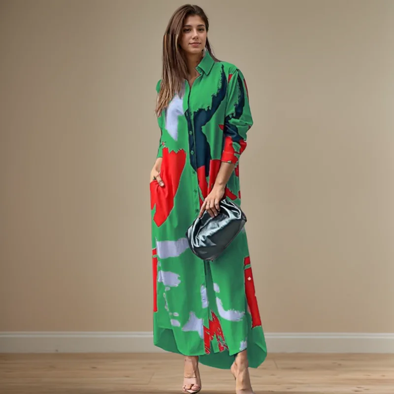 Fashion Sexy Side Split Turn Down Collar Shirt Long Dress Elegant Temperament Printed Long Sleeve Pocket Single Breasted Dress