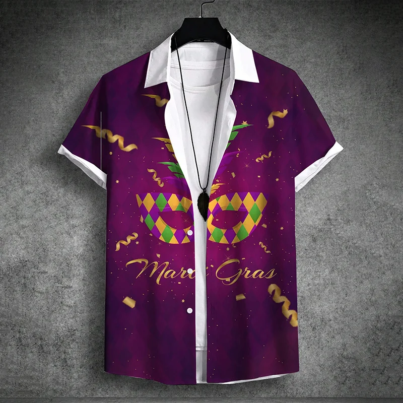 

Face Mask Pattern Hawaiian Shirt For Men Mardi Gras 3D Printed Blouse Casual Short Sleeve Lapel Tops Aloha Shirts Streetwear