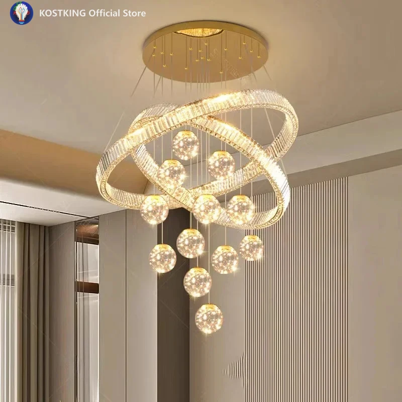 

Modern minimalist stylish creative duplex building circular planet staircase landing pendant light dining room living room lamp