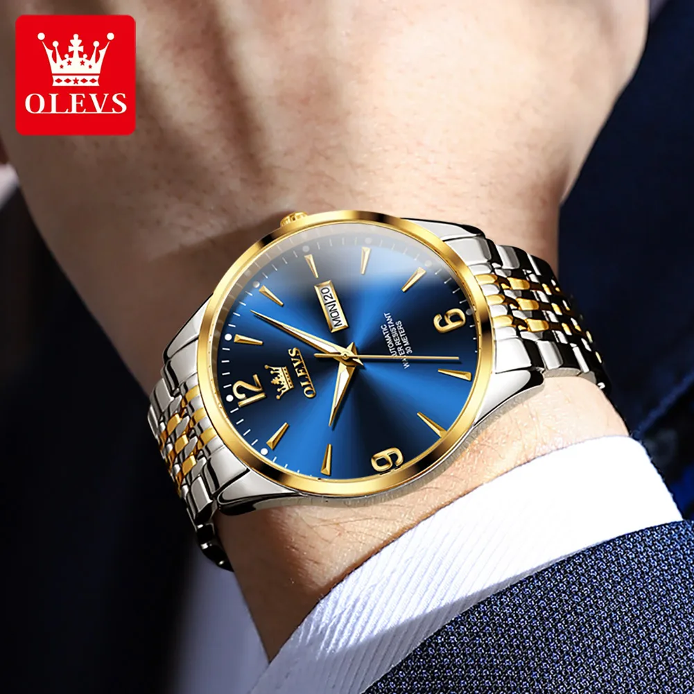 OLEVS 9928 Men\'s Watch Fashion Waterproof Calendar Automatic Mechanical Watch Luxury Gold Stainless Steel Casual Men\'s Watch