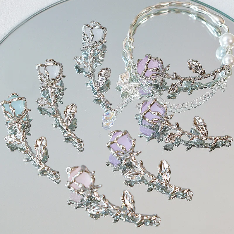 3PCS [Rose Half Bracelet] 3D Rose Alloy Half Bracelet Pendant DIY Beaded Necklace Bracelet Accessory Comp image 3