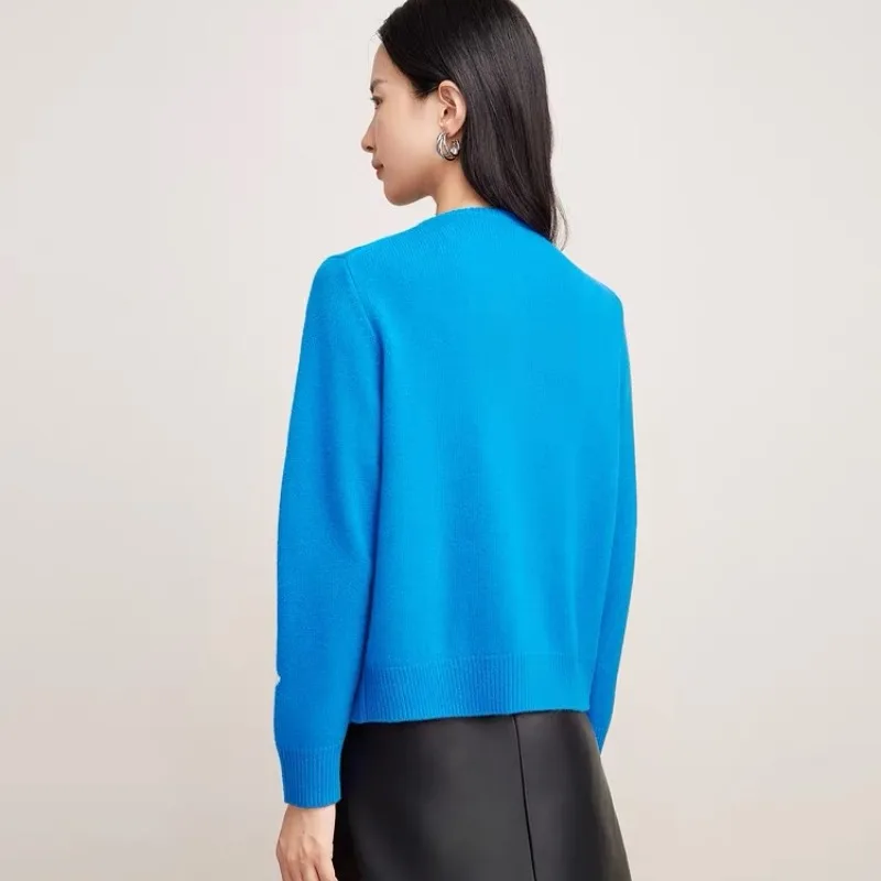 Azul jacquard malha camisola cardigan feminino elegante moda senhoras malhas topos manga longa o pescoço casual chique jumpers 2025