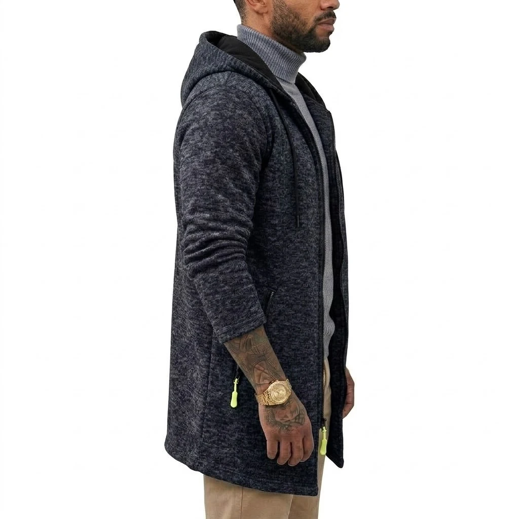 Neuer Herren-Hoodie mit Reißverschluss, lässiger mittellanger Sweatshirt-Fleece-Mantel, warmer Winter-Kapuzenmantel mit Reißverschlusstaschen. – Detail 7