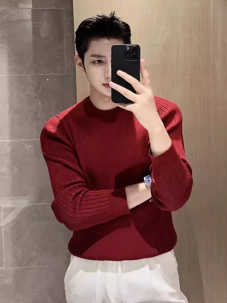 

Anclark Red Knitted Sweater Men's Sle Winter Slim Fit Stripe Pattern Close-Fitting Luy Year Base irt Comfortable Soft M...
