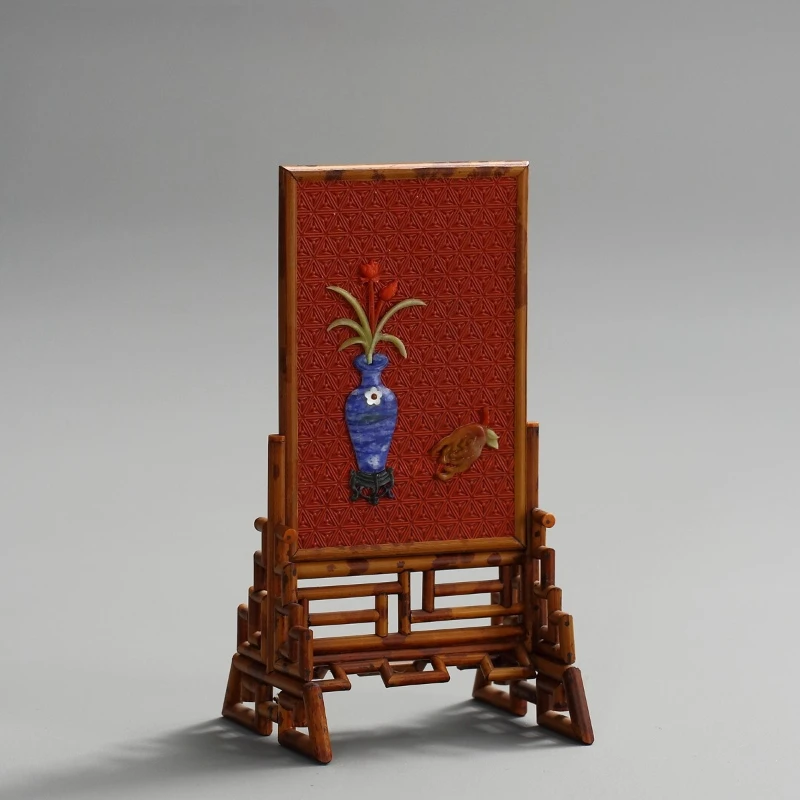 Bamboo inkstone screen, red lacquer brocade lacquer carving style retro bogu pattern screen insert