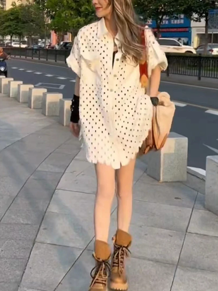 Hot Loose and Versatile Trendy Shirt for Women European Style Summer Short sleeved Design Hollow Out Street Long Shirt