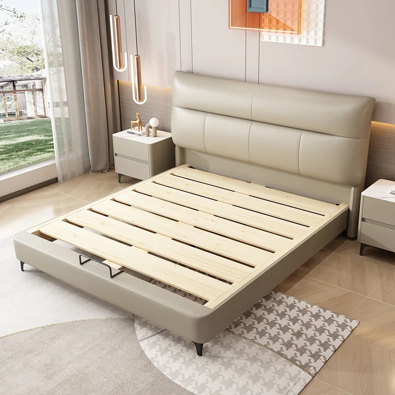 Leather Internet celebrity tofu block flush edge bed master bedroom marriage bed leather art bed customization