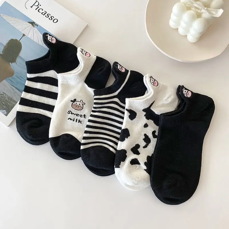 Black and white embroidery socks female ins tide  shallow mouth summer cartoon cow cute striped boat socks