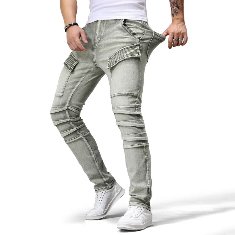 

Модные лоскутные мотоциклетные джинсы индивидуального дизайна, мужские трендовые маленькие уличные брюки в стиле ретро с потертостями