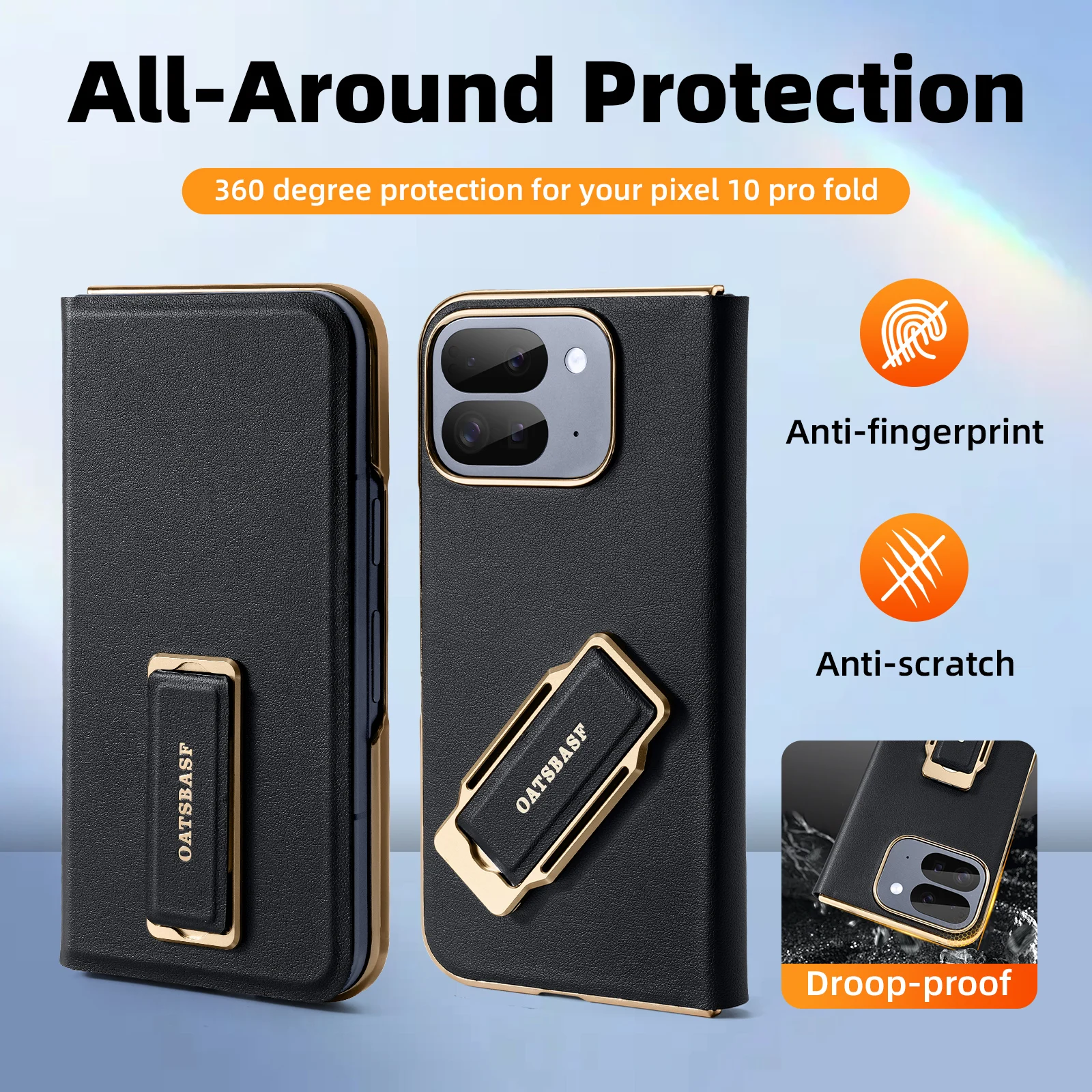 

Oatsbasf Leather Case for Google Pixel 9/10 Pro Fold with Grip Ring Finger Strap Full Phone Case Shockproof Wristband Flip Cover