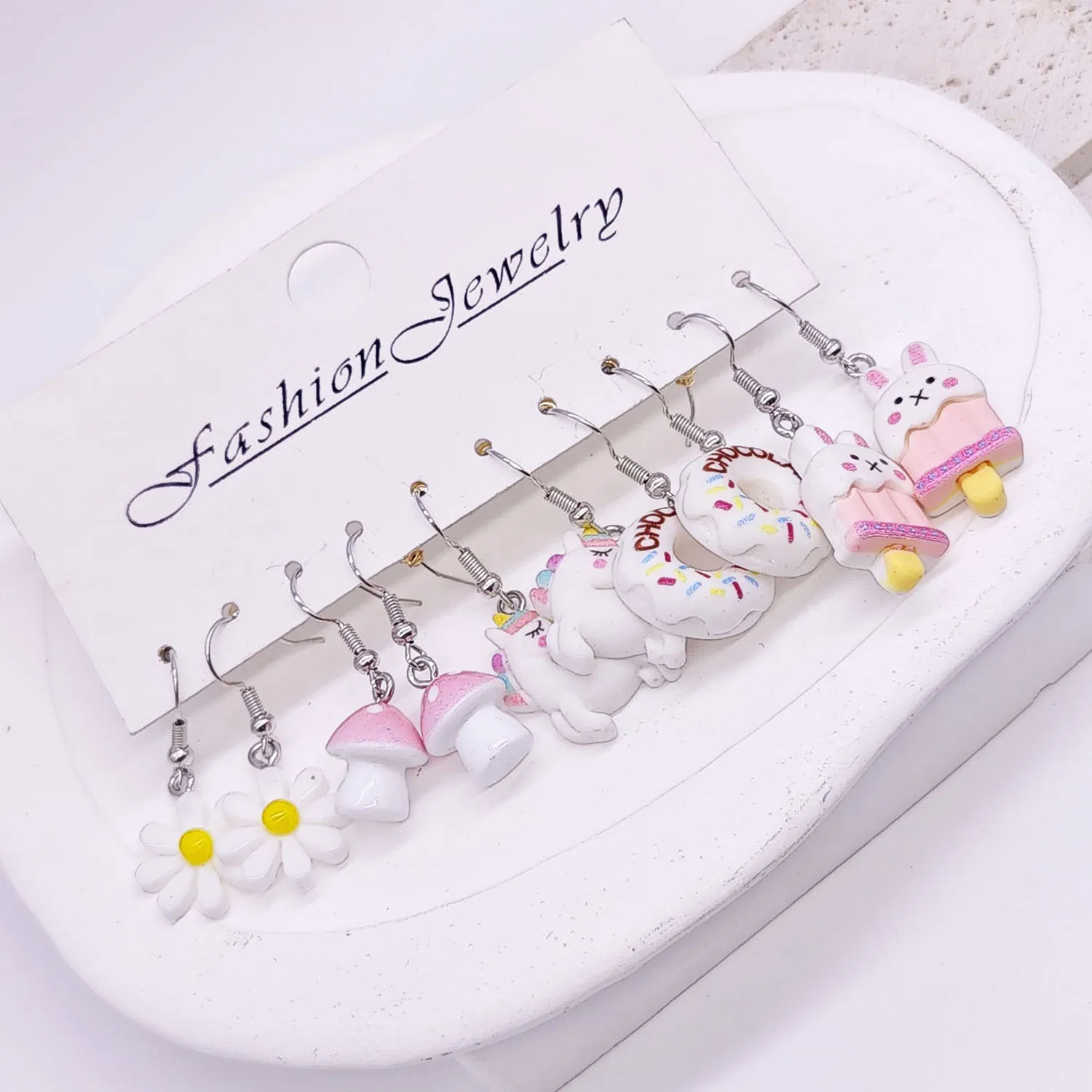 Cross border fashion cartoon animal white horse daisy resin simulation food donut earrings white set