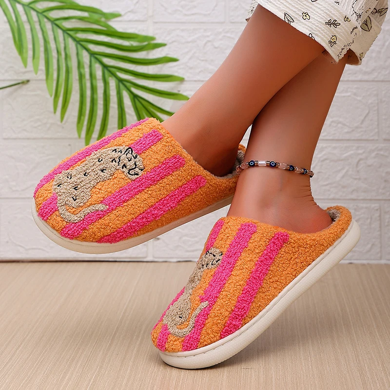Gestreifte Leoparden-Plüsch-Hausschuhe für Damen, Winter, Innenbereich, rutschfest, bedruckt, Plüschschuhe, Paar, flauschige Fell-Slides, Unisex, Geschenkidee für Feiertage – Detail 2