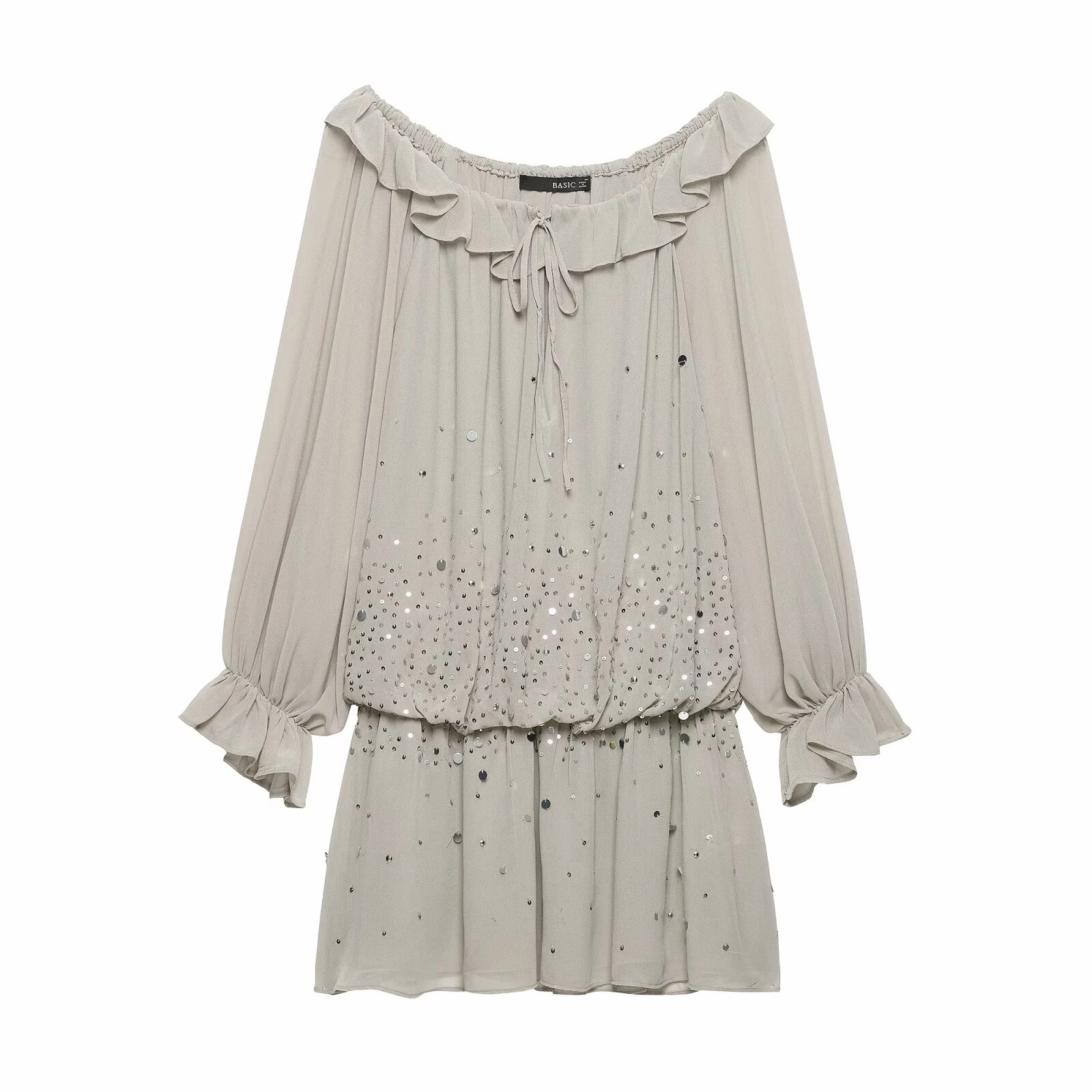 Brand Elegant Summer Women’s Off-Shoulder Sequin Georgette Dress 2026 Hot Female Ruffled Neckline Tiered Long Sleeve Mini Dress
