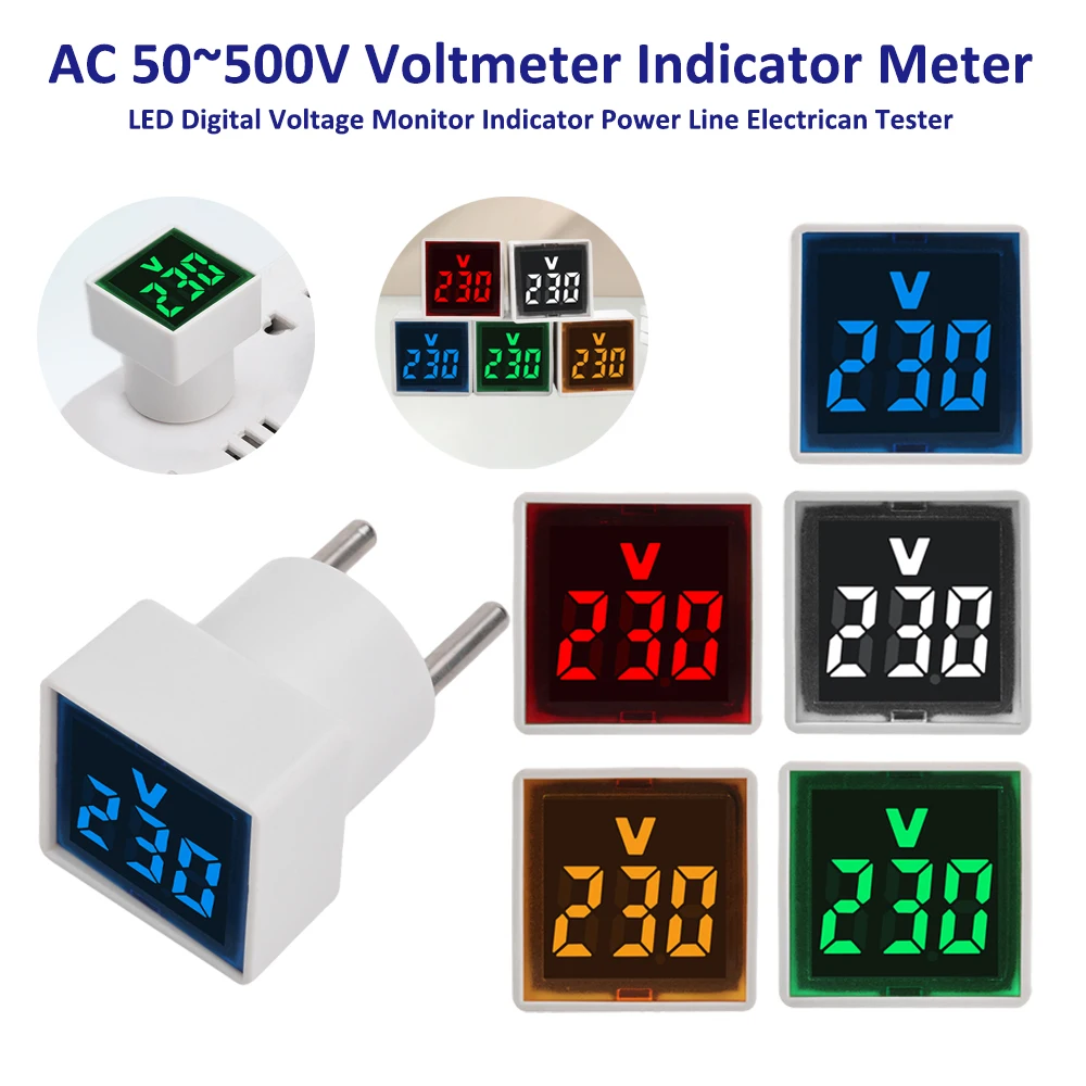 AC 220V 50~500V Voltmeter Indicator Meter 30MM Square EU Plug LED Digital Voltage Monitor Indicator Power Line Electrican Tester