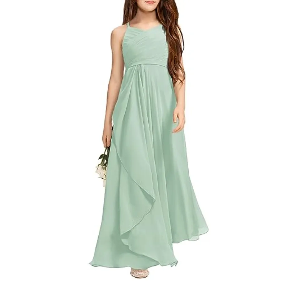 Vestido de Fiesta Largo de Gasa con Cuello Halter y Corte A para Niñas Imily Bela, Ideal para Damas de Honor, Niñas de las Flores, Bodas y Concursos de Belleza