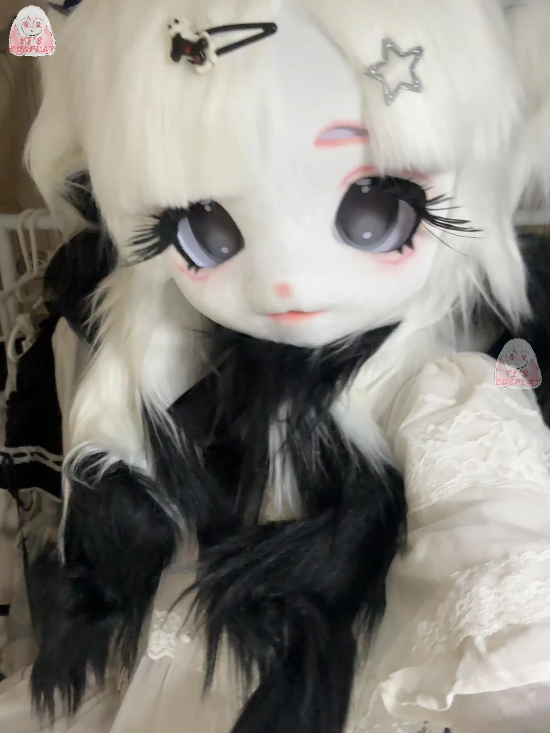 Fursuit رئيس اليدوية فروي رئيس مخصص Kigurumi رئيس كيمونو سماعات الوحش مخصص Fursuit أبيض وأسود Adroble رئيس