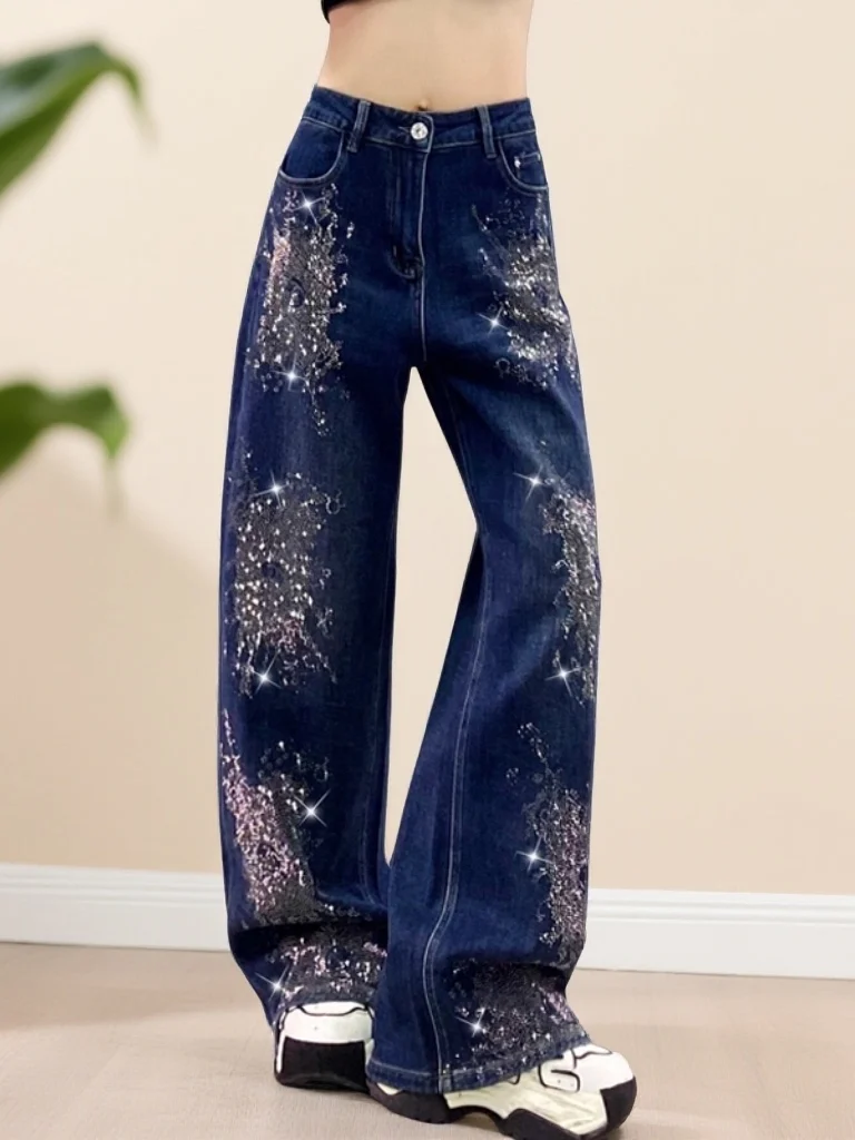 

Faionable High Waist Loose Straight Leg Denim Jeans Women's Design Diamond Embellied Casual Wide Leg Pants Spring Season
