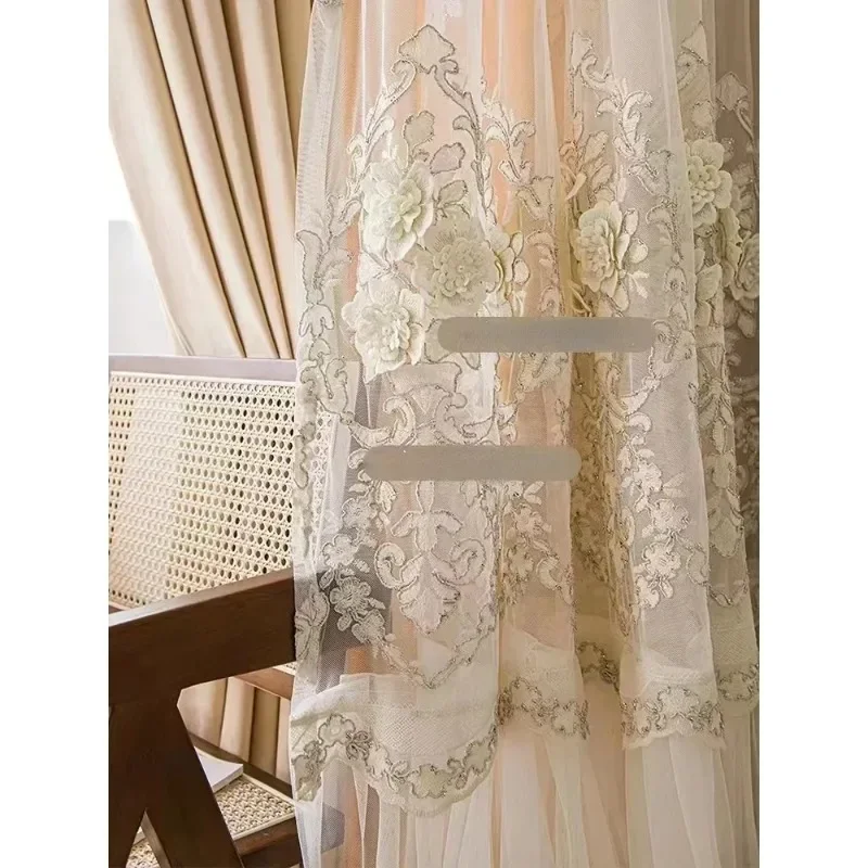 

Luxury Embroider Tulle Curtain for Living Room Blackout Bedroom Double Cream Embossed Lace Elegant Custom Window European
