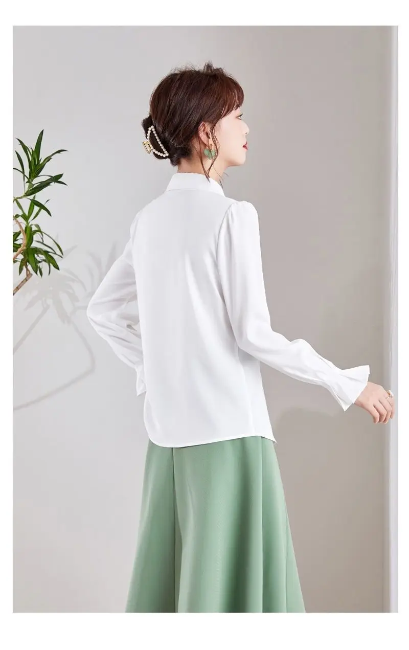 Spring and Autumn Small Shirt with Long Sleeve Collar Chiffon Shirt Top Doll New Style Bow Western Style Female Interior Korean